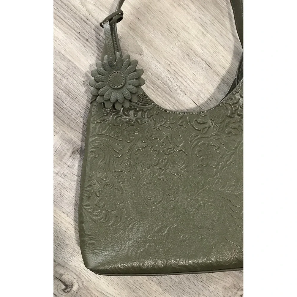 Shoulder Bag Tooled 100% Olive Green Leather Purse Handbag Made in India